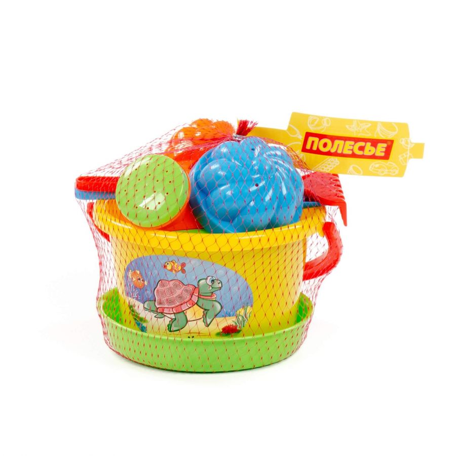 Набор №204: ведро среднее, ситечко, лопатка, грабельки, 2 формочки, лейка малая №4