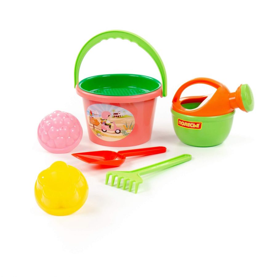Набор №204: ведро среднее, ситечко, лопатка, грабельки, 2 формочки, лейка малая №4