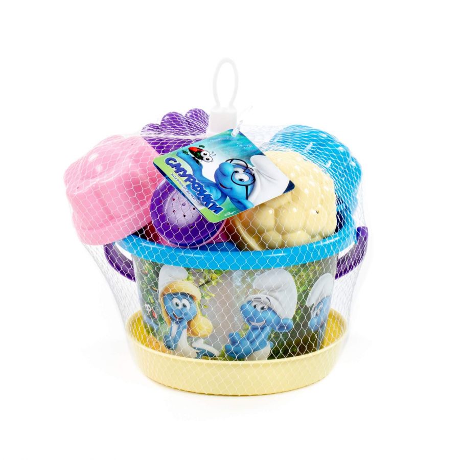 "Смурфики: Затерянная деревня-5" набор №3: ведро среднее с наклейкой, ситечко, совок №2, грабельки №2, лейка малая №4, формочки 4 шт.