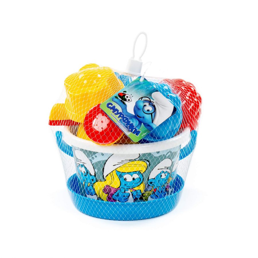 "Смурфики: Затерянная деревня-6" набор №3: ведро среднее с наклейкой, ситечко, совок №2, грабельки №2, лейка малая №4, формочки 4 шт.