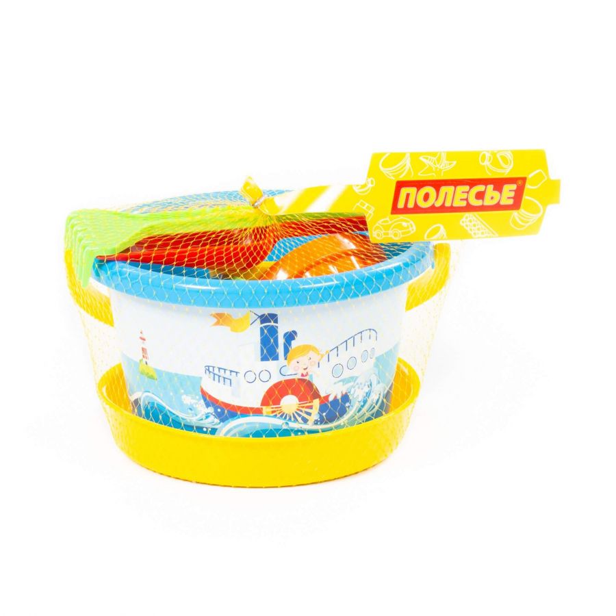 Набор №182: ведро среднее с наклейкой, ситечко, лопатка, грабельки, 3 формочки