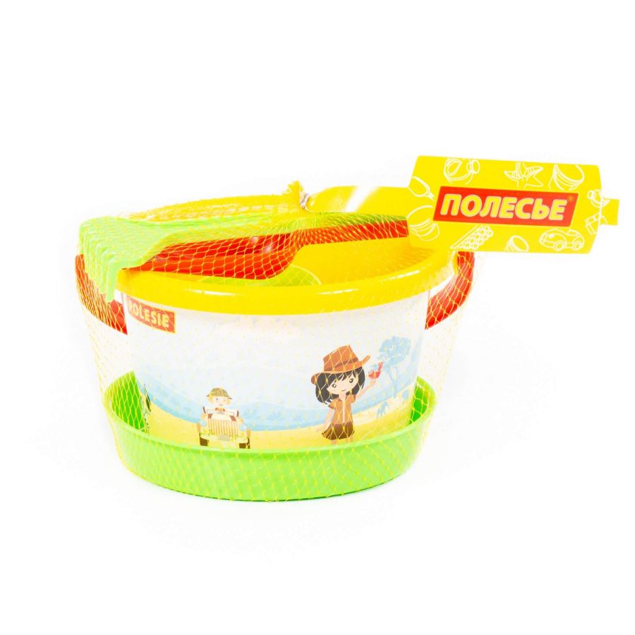 Набор №182: ведро среднее с наклейкой, ситечко, лопатка, грабельки, 3 формочки