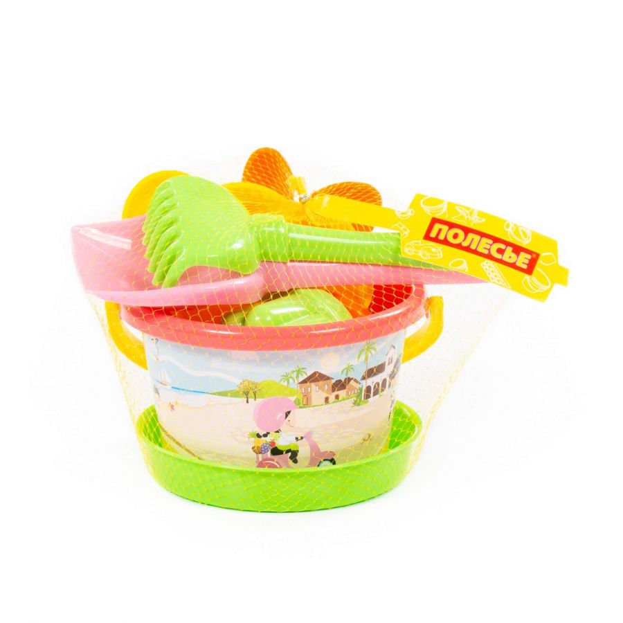 Набор №213: ведро среднее с наклейкой, ситечко, лопатка №5, грабельки №5, формочки (белочка + пёсик), 2 формочки