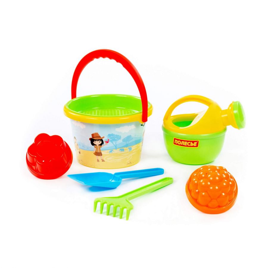 Набор №224: ведро среднее с наклейкой, ситечко, лопатка, грабельки, 2 формочки, лейка малая №4