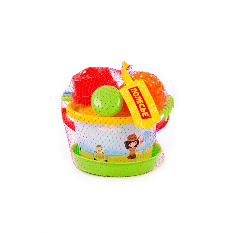 Набор №224: ведро среднее с наклейкой, ситечко, лопатка, грабельки, 2 формочки, лейка малая №4