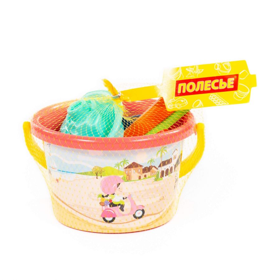 Набор №251: ведро среднее с наклейкой, совок №2, грабельки №2, формочки (заяц + лошадка), кораблик "Юнга"