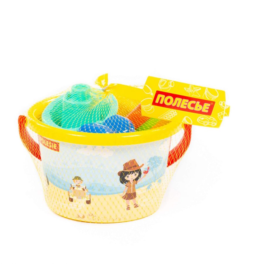 Набор №251: ведро среднее с наклейкой, совок №2, грабельки №2, формочки (заяц + лошадка), кораблик "Юнга"
