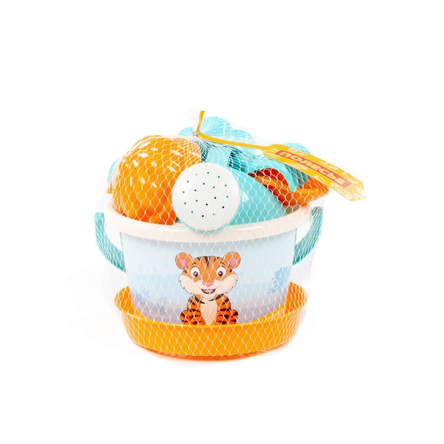 Набор №647 сафари: ведро среднее с наклейкой, ситечко, совок №2, грабельки №2, 2 формочки, лейка малая №4