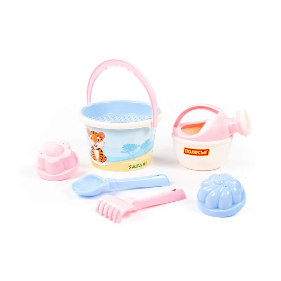 Набор №647 сафари: ведро среднее с наклейкой, ситечко, совок №2, грабельки №2, 2 формочки, лейка малая №4