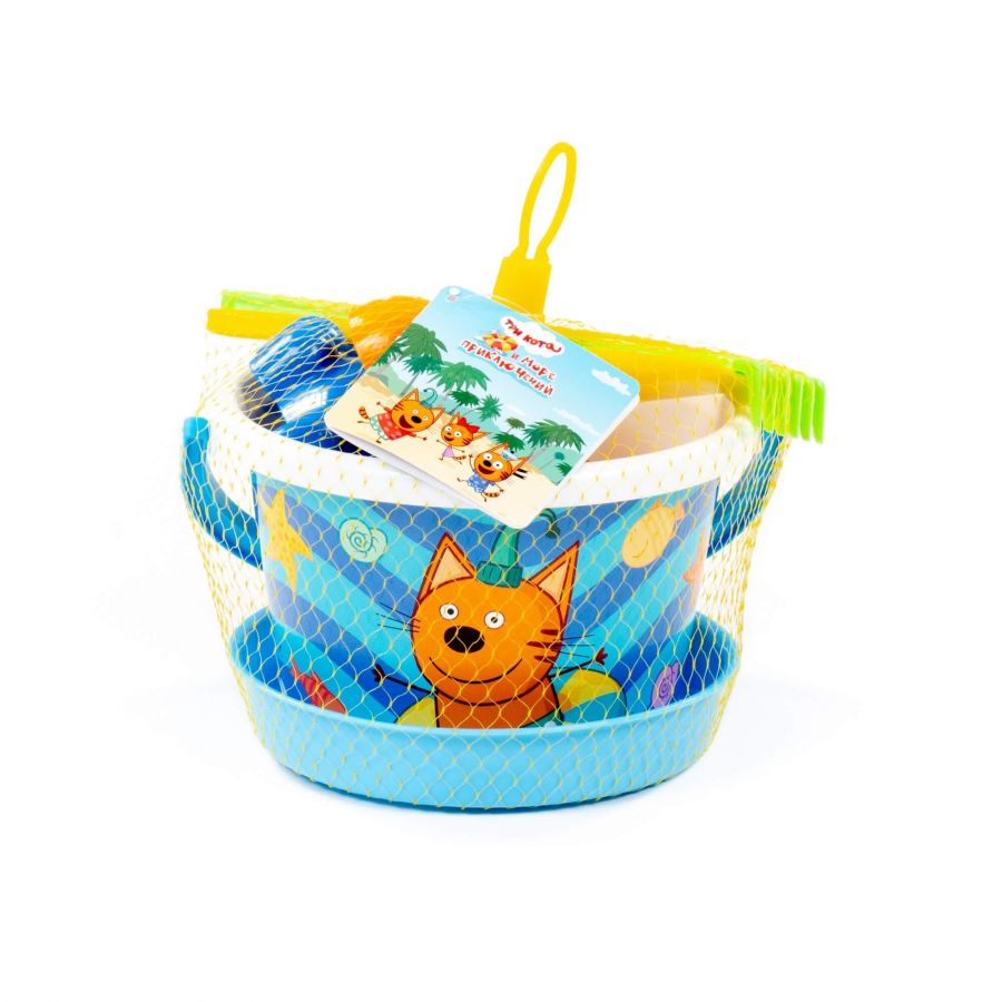 Песочный набор "Три кота и море приключений" №4: Ведро среднее с наклейкой, ситечко, лопатка, грабельки, формочки (морской конёк + черепаха)