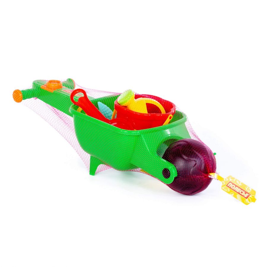 Набор №337: тачка "Малыш", ведро-цветок среднее №3, совок №10, грабли №10, формочки (морская звезда №1 + ракушка №1), лейка малая №4