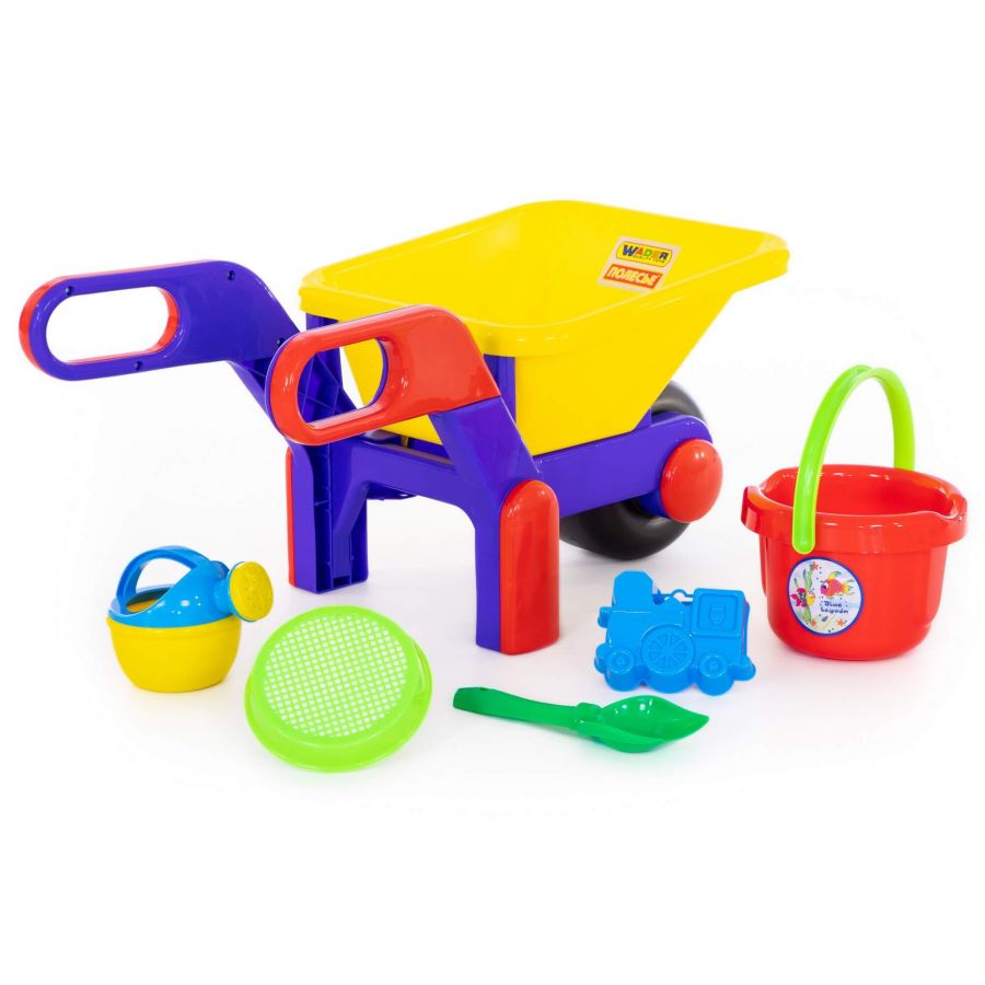 Набор №455: тачка №4, ведро большое, ситечко, лопатка №5, формочка (паровоз), лейка малая №4