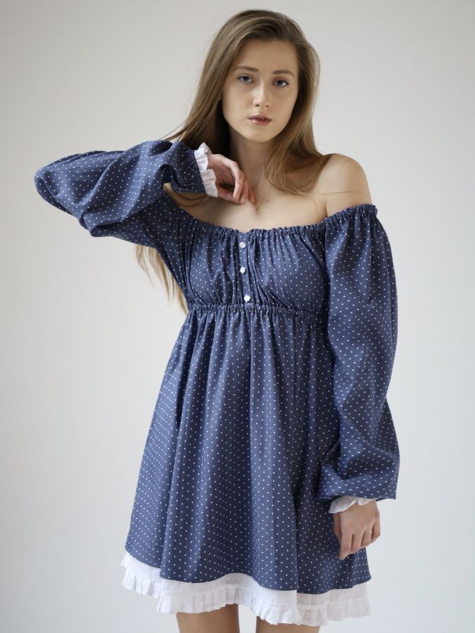 Платье Babydoll джинс в горошек