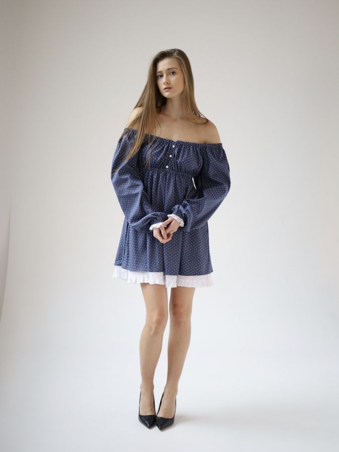 Платье Babydoll джинс в горошек