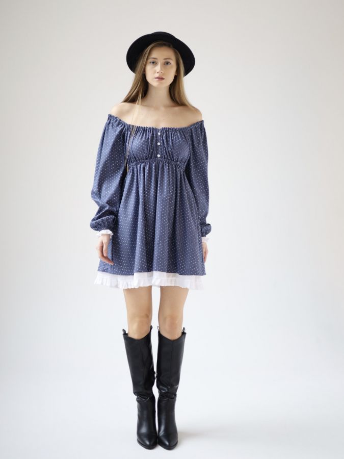 Платье Babydoll джинс в горошек