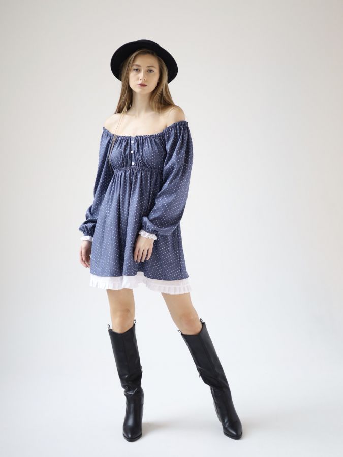 Платье Babydoll джинс в горошек