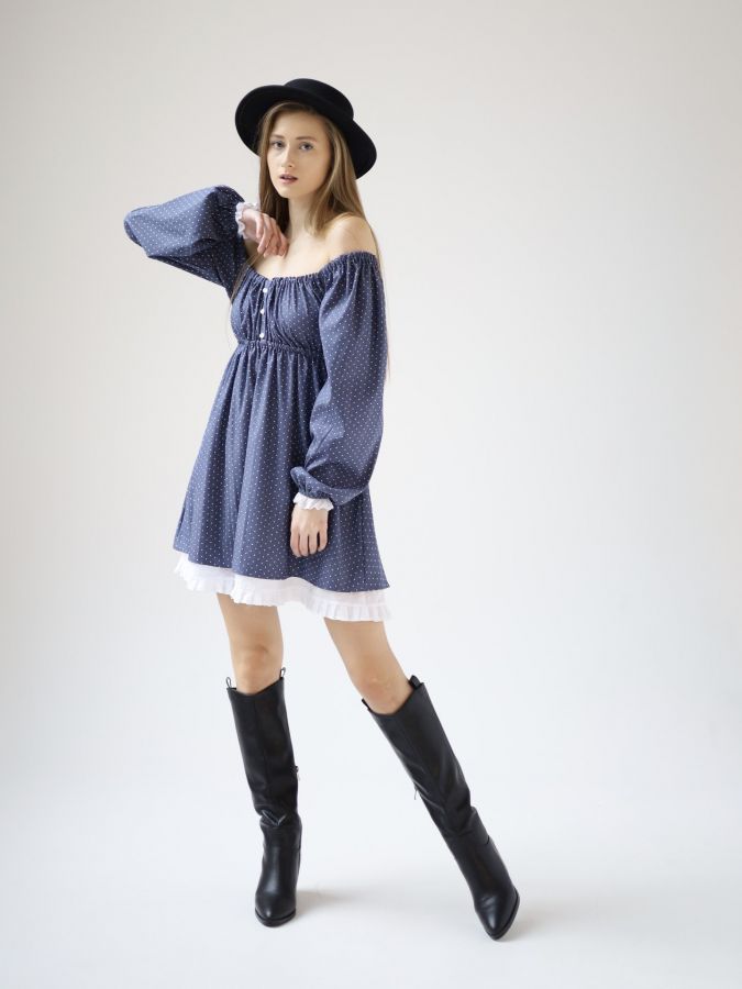 Платье Babydoll джинс в горошек