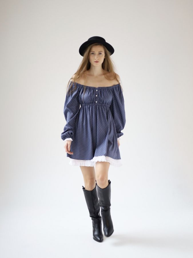 Платье Babydoll джинс в горошек