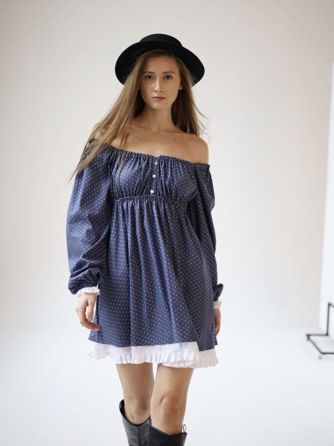 Платье Babydoll джинс в горошек