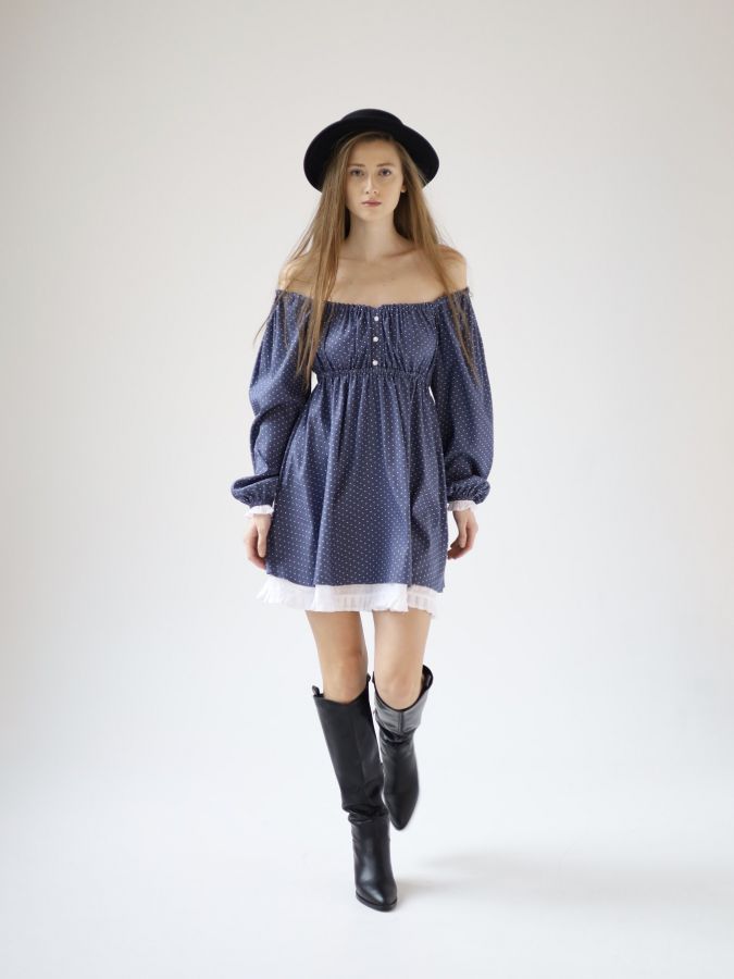 Платье Babydoll джинс в горошек