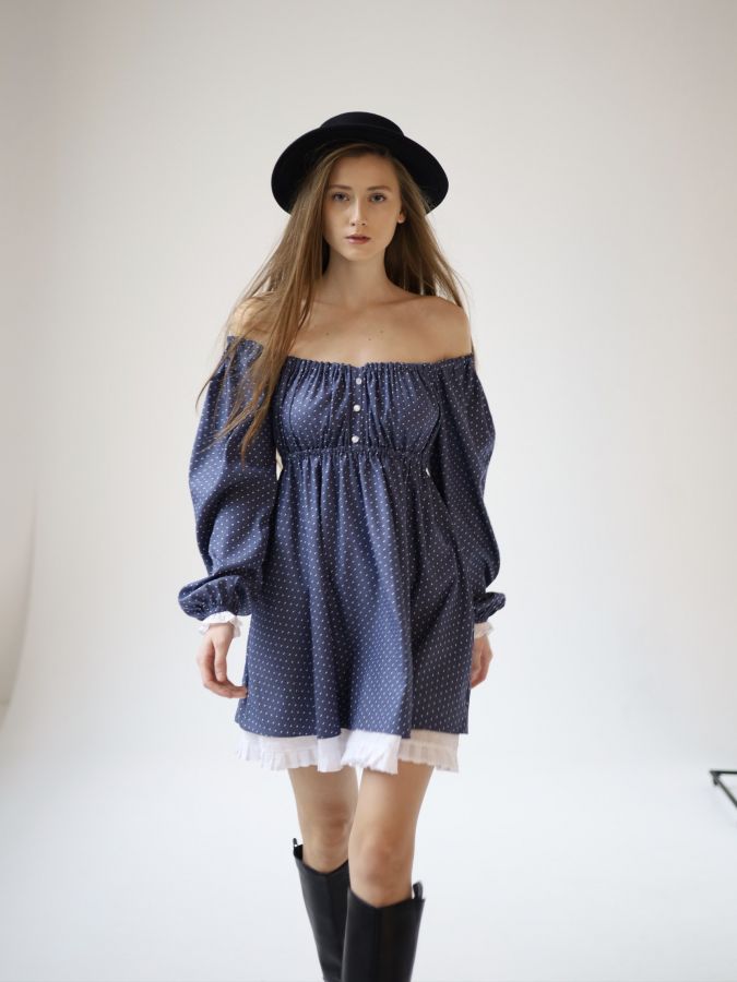 Платье Babydoll джинс в горошек