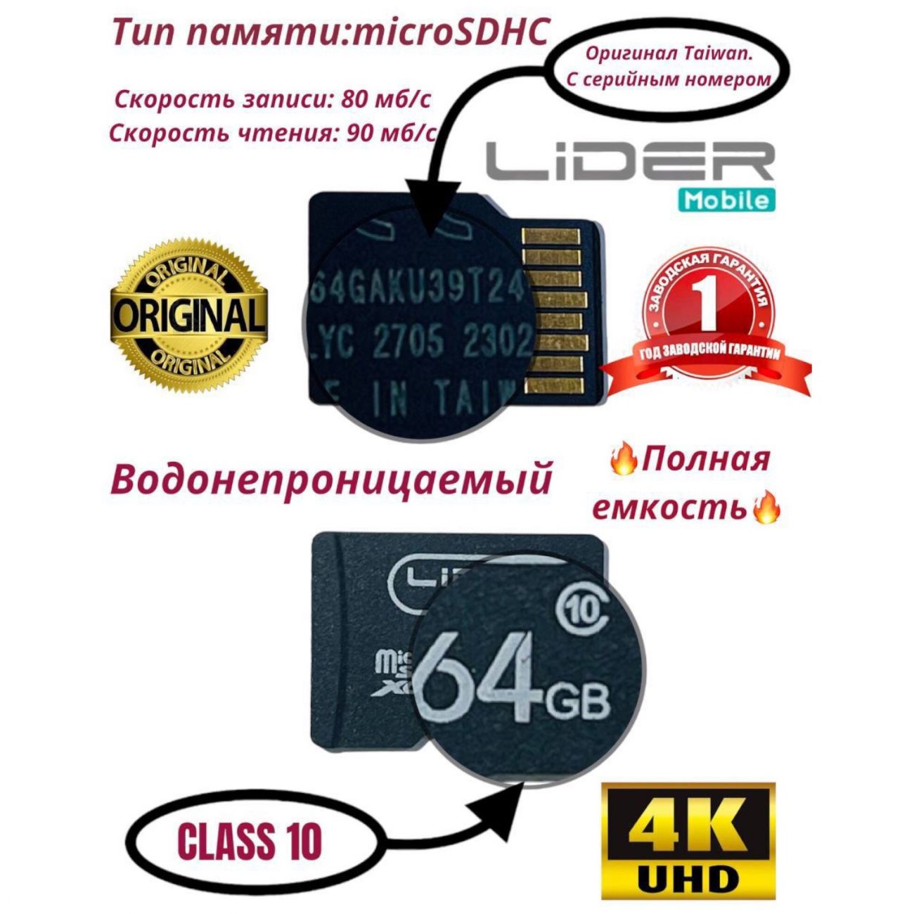 Карта памяти MicroSDHC S-87 64GB Class 10  LiDER