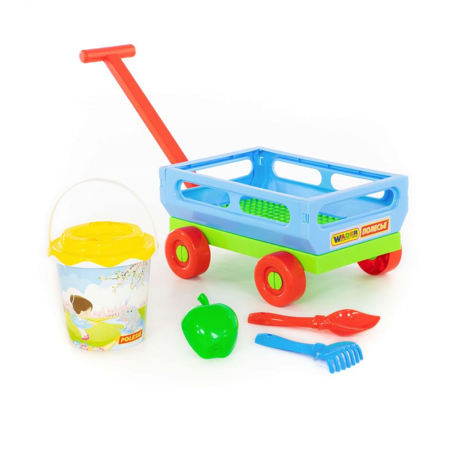 Набор №420: тележка с ручкой №2, ведро с наклейкой, ситечко "Солнышко", лопатка №5, грабельки №5, формочка "Фрукты"