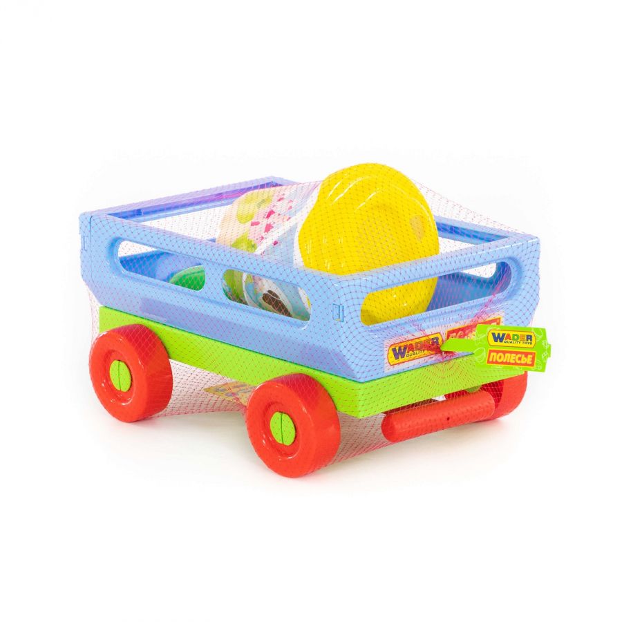 Набор №420: тележка с ручкой №2, ведро с наклейкой, ситечко "Солнышко", лопатка №5, грабельки №5, формочка "Фрукты"