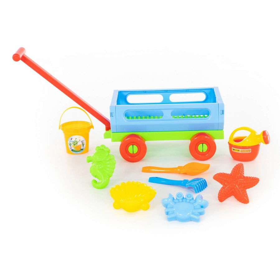 Набор №487: тележка с ручкой №2, ведро малое, лопатка №5, грабельки №5, формочки 4 шт, лейка малая №4