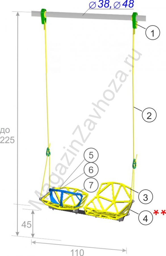 Качели двойные "взрослый-малыш" на веревочной системе до 225 см с креплением на трубу