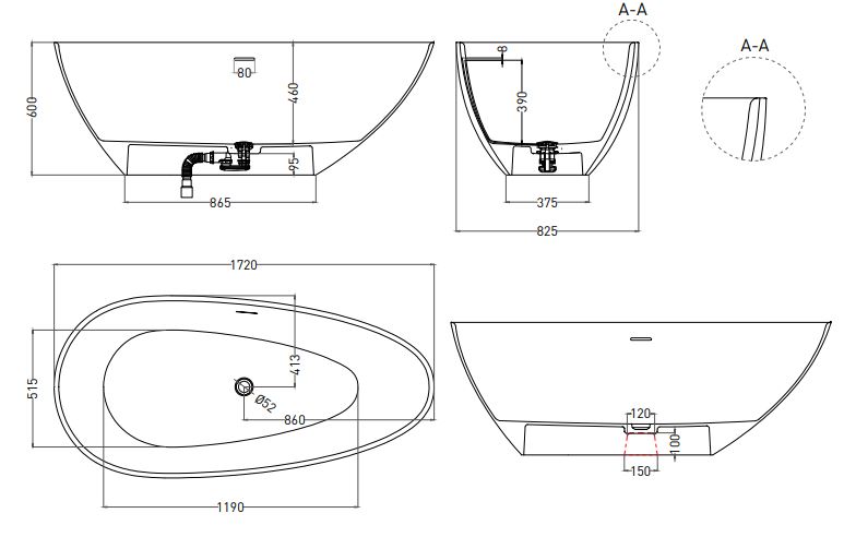 Ванна из искусственного камня Salini Paola 172x82 схема 2