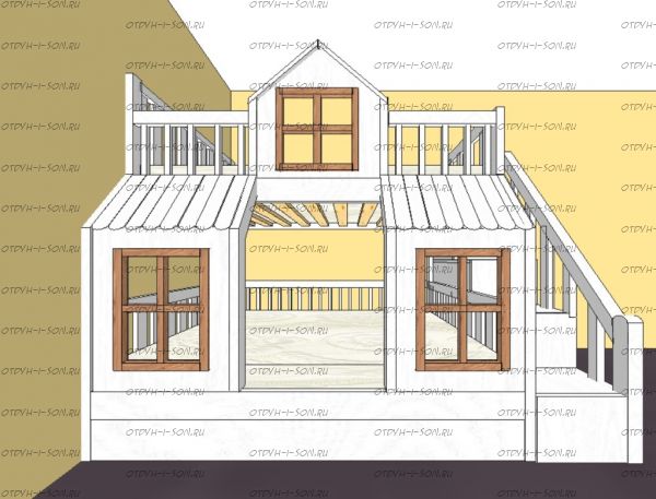 Кровать двухъярусная Домик Теремок, Массив