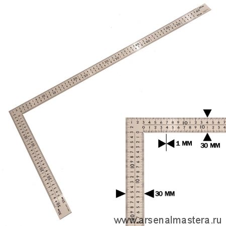 Новинка! Угольник строительный 600 х 300 мм отсчёт нижней шкалы - от внешнего и внутреннего угла, нержавеющая сталь Shinwa М00015035
