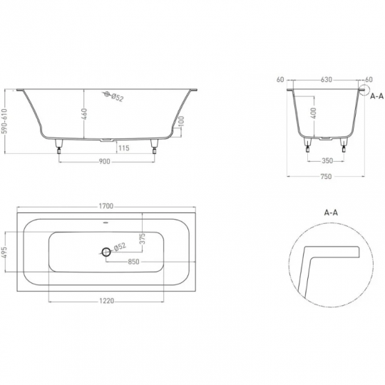 Ванна встраиваемая Salini ORLANDA AXIS 170x75 103213G схема 11