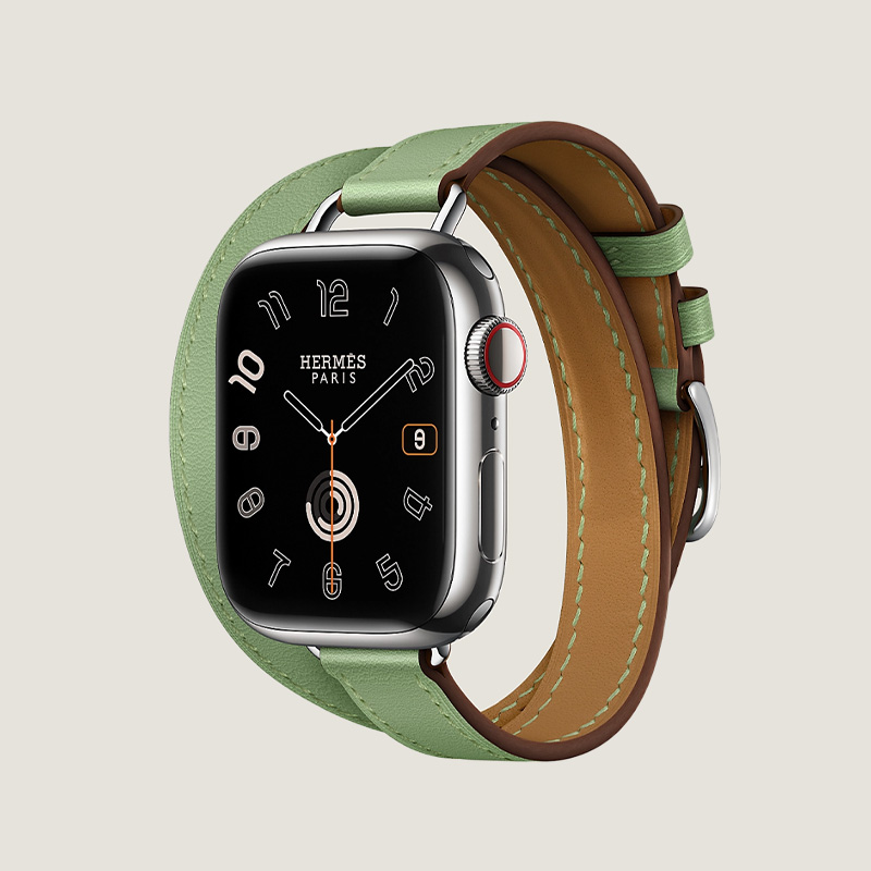 Часы Apple Watch Hermès Series 10 GPS + Cellular 42mm Silver Titanium Case with Vert Criquet Attelage Double Tour