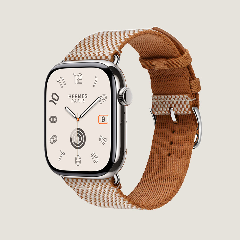 Часы Apple Watch Hermès Series 10 GPS + Cellular 42mm Silver Titanium Case with Gold/Écru Toile H Single Tour