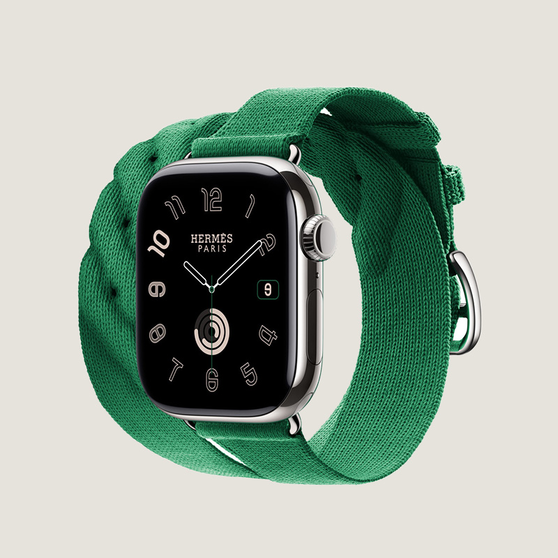 Часы Apple Watch Hermès Series 10 GPS + Cellular 42mm Silver Titanium Case with Vert Moyen Torsade Double Tour