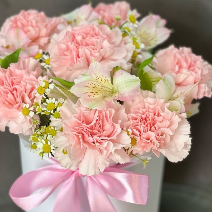 Букет в коробке из пудровых диантусов, ромашек и альстромерии
