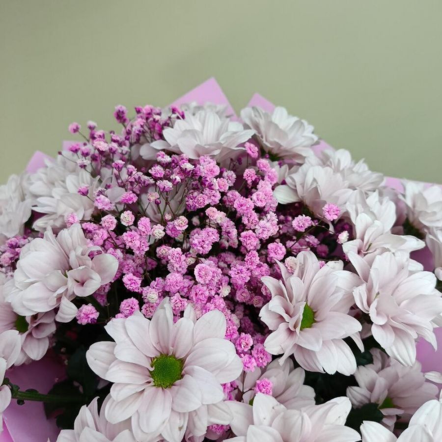 Букет из 5 розовых кустовых хризантем и гипосфилы