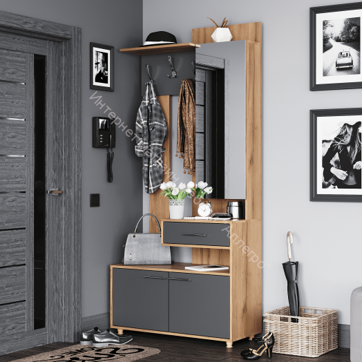 Вешалка с зеркалом "Граф" (правое исполнение) Тёмно серый/Дуб золотистый