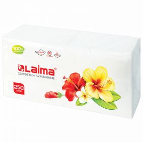 Салфетки бумажные 250 штук, 24×24 см, LAIMA, белые, 100% целлюлоза, 128728