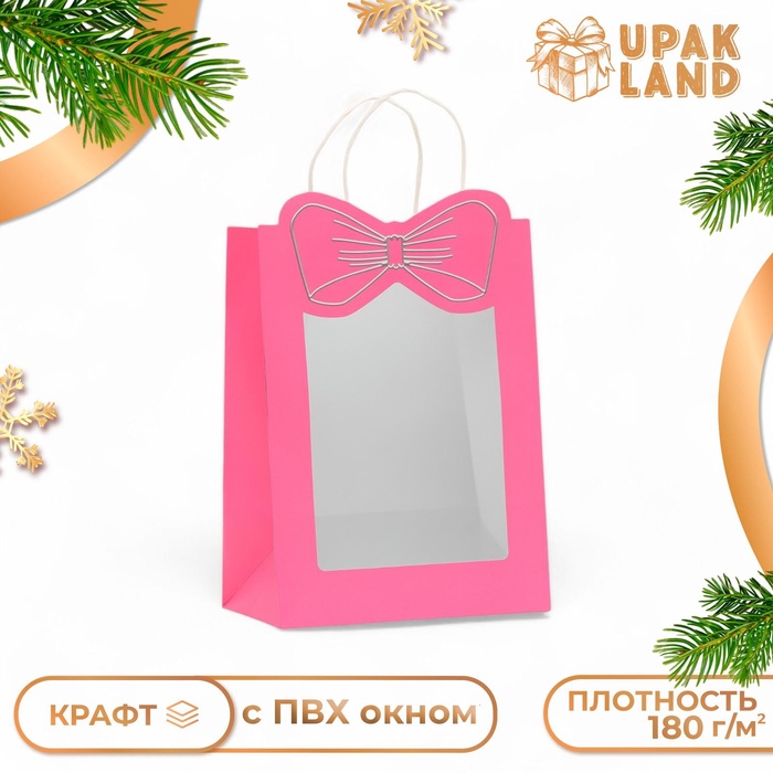 Пакет подарочный новогодний с окном "Бант" 30 х 22 х 14 см.