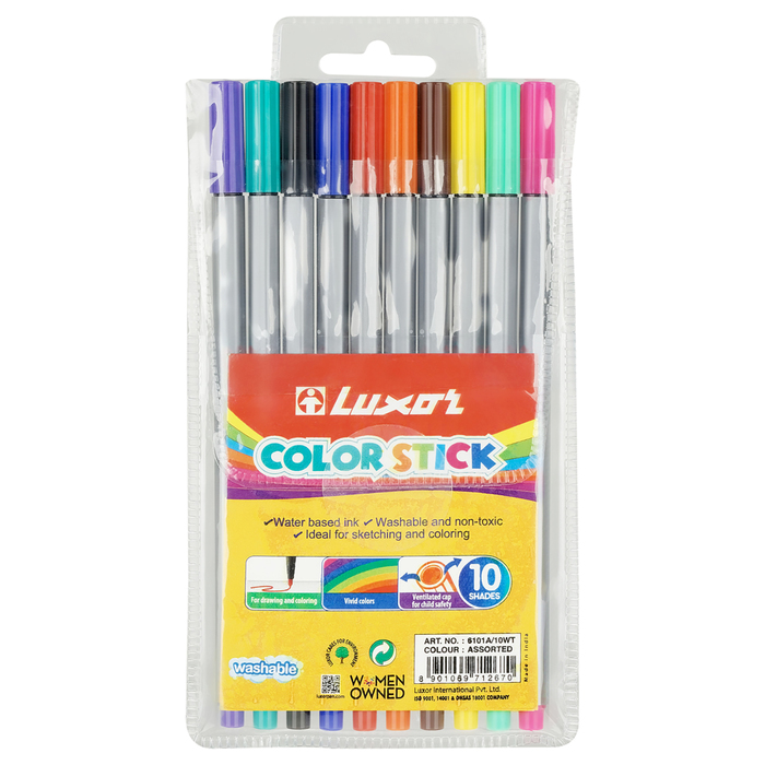 Фломастеры 10 цветов Luxor Color Stick", смываемые, ПВХ, с европодвесом