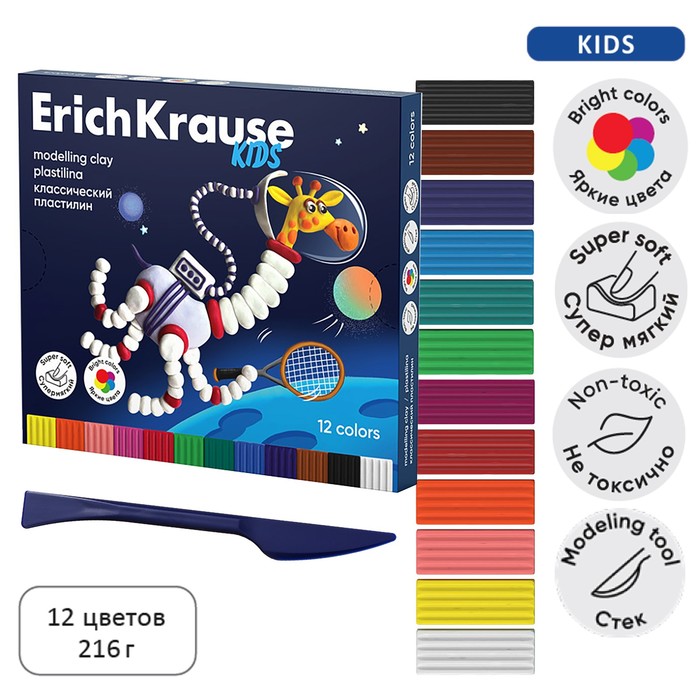 Пластилин 12 цветов, 216 г, ErichKrause "Kids Space Animals", со стеком, в картонной упаковке