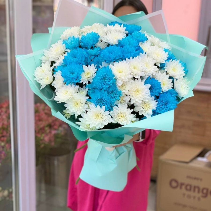Нежный букет хризантем в голубой упаковке (от9 шт)