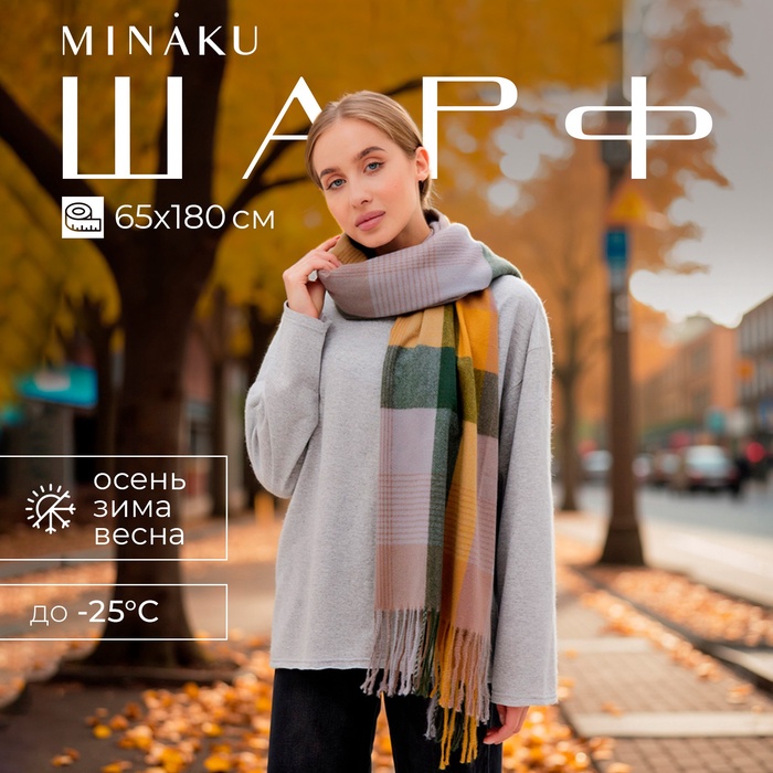 Шарф зимний с кистями MINAKU 65*180 + 8 см клетка