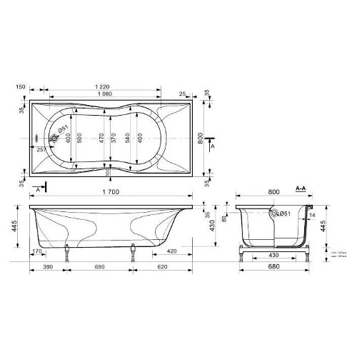 Прямоугольная гидро-аэромассажная Ванна Эстет Бета 170х80 см ФР-00001321+ФР-00000700+ФР-00001267 ФОТО