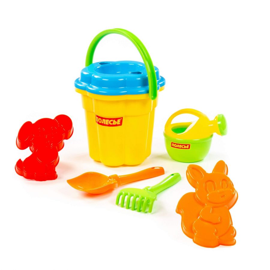 Набор №163: ведро-цветок большое, ситечко-цветок большое, лопатка №5, грабельки №5, формочки (белочка + пёсик), лейка малая №4
