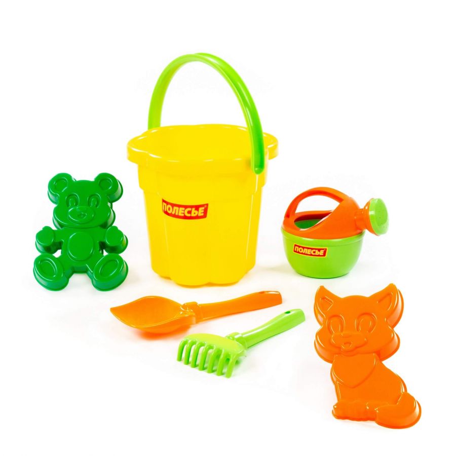 Набор №166: ведро-цветок большое, лопатка №5, грабельки №5, формочки (котёнок + медведь), лейка малая №4