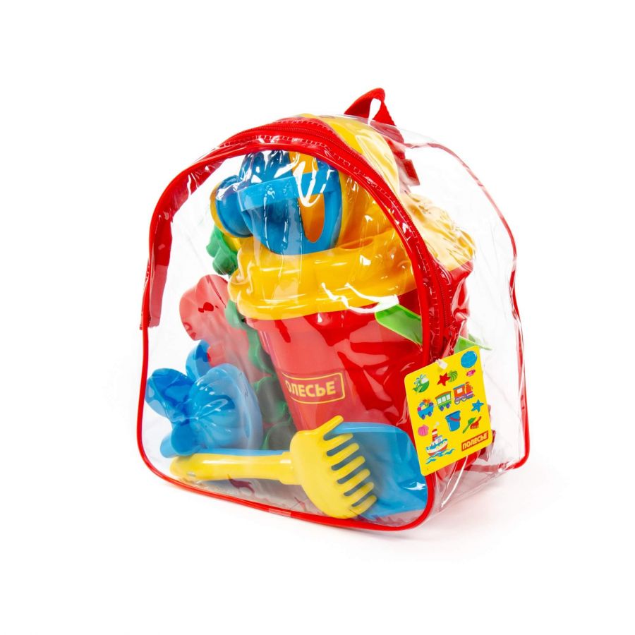 Набор №168 (в рюкзаке): ведро-цветок большое, ситечко-цветок большое, лопатка №5, грабельки №5, формочки 7 шт, лейка малая №4